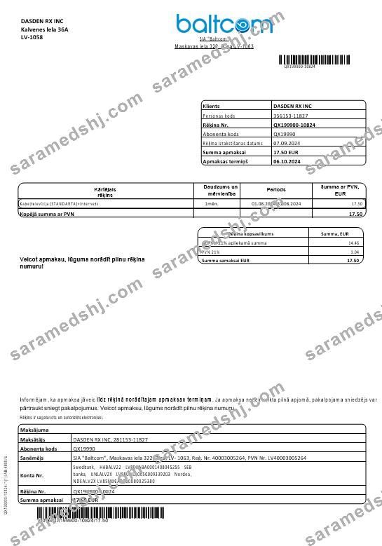 Latvia Baltcom telecommunications business utility bill template in Word and PDF formats (Latvian version)